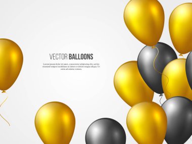 Altın ve siyah renklerde uçan 3d parlak balonlar. Parti davetiye tasarımı, tatil arka plan kopya alanı ile için dekoratif öğeler illüstrasyon vektör.