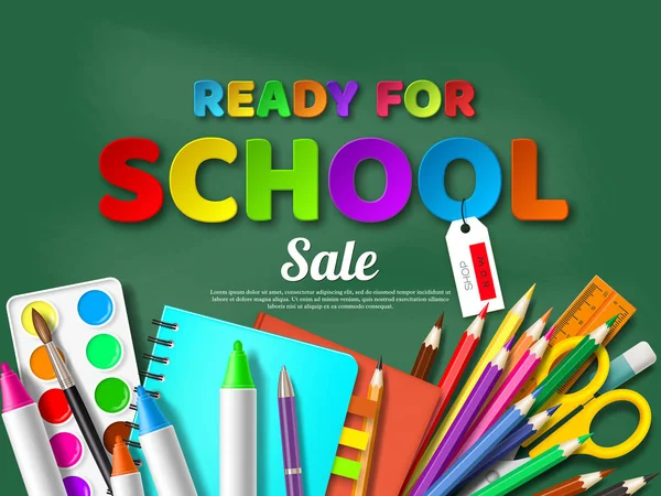 Okul Satılık poster gerçekçi okul malzemeleri ile açılmaya hazır. Kağıdı tarzı harfler yazı tahtası arka planda, vektör çizim kesin..
