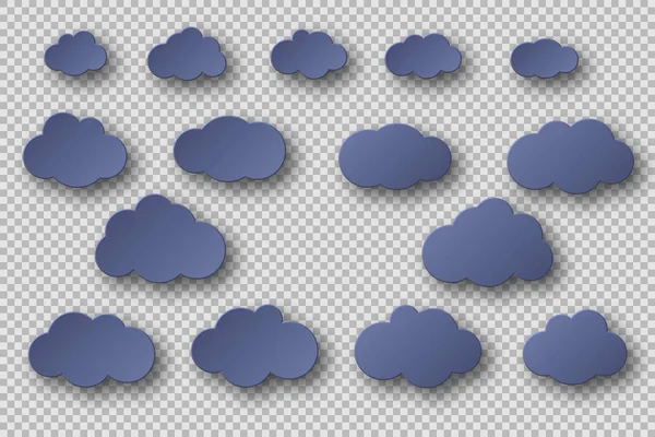 Papel corte azul nuvens coleção. efeito 3d com sombra. Elementos decorativos isolados sobre fundo transparente, ilustração vetorial . —  Vetores de Stock