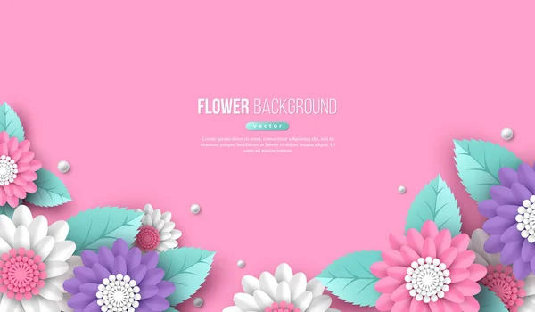 Yatay afiş kağıt ile kesme 3d çiçek pembe, beyaz ve mor renklerde. Metin için yer. Tatil tasarımı, vektör çizim için dekoratif elemanlar.