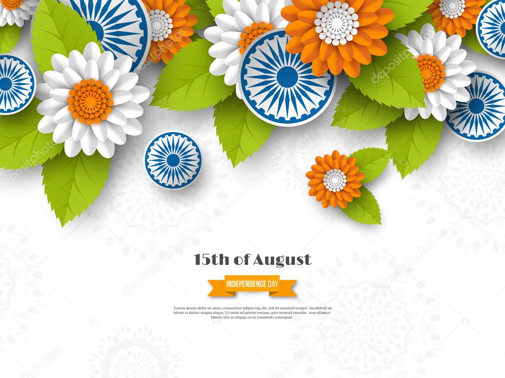 Indian Independence day holiday design. 3d wheels, flowers with leaves in traditional tricolor of indian flag. Paper cut style. White background, vector illustration.