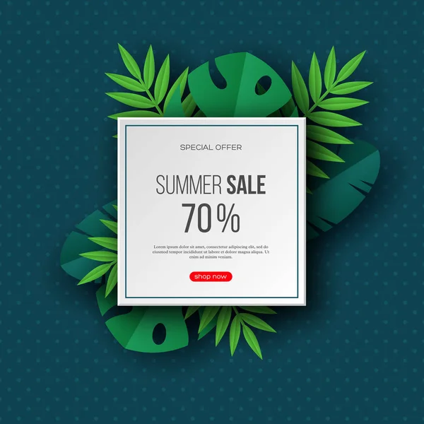 Yaz satış afiş ile egzotik orman tropikal palmiye yaprakları. Koyu turkuaz noktalı arka plan - sezonluk indirimler, vektör çizim için şablon.