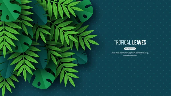 Hojas exóticas de palma tropical de la selva. Diseño floral de verano con fondo de color turquesa oscuro punteado, ilustración vectorial . — Vector de stock