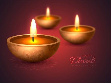 Diwali diya - kandil. Işıkların geleneksel Hint Festivali için tatil tasarım. 3D gerçekçi stiliyle rangoli mor arka plan üzerinde etkisi bulanıklık. Vektör çizim.