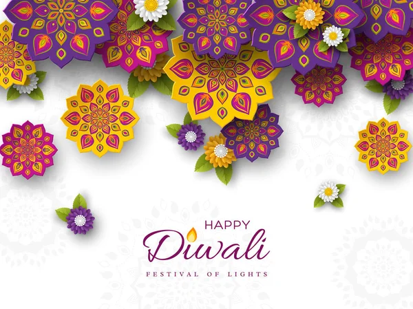Stil Hint Rangoli ve çiçek kesme Diwali festivali tatil tasarım kağıt ile. Beyaz arka plan üzerinde mor, mor, sarı renkler. Vektör çizim.
