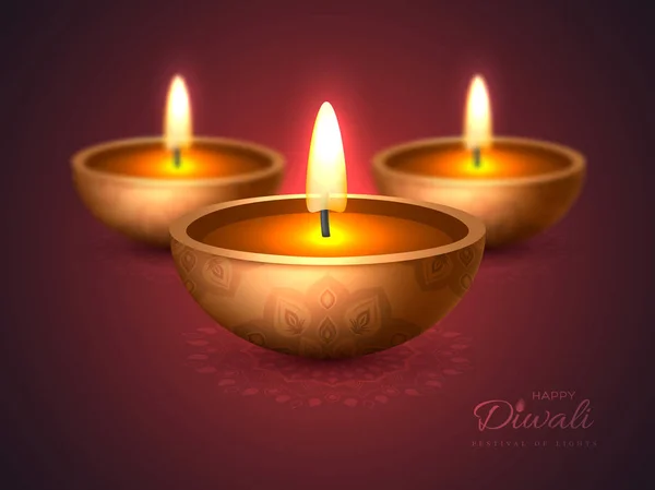 Diwali diya - oil lamp. Holiday design for traditional Indian festival of lights. 3D realistic style with blur effect on rangoli purple background. Vector illustration.