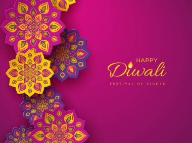 Kesme Diwali festivali tatil tasarım kağıt ile Hint Rangoli tarzı. Mor renk arka plan. Vektör çizim.