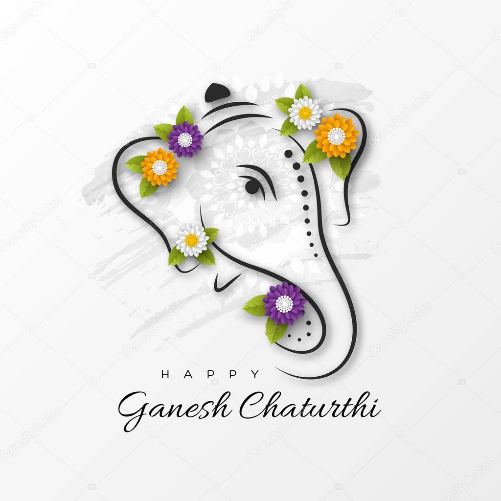 Holiday design for traditional Indian festival of Ganesh Chaturthi. Hand drawn illustration with paper cut style flowers. Grunge rangoli white background. Vector illustration.