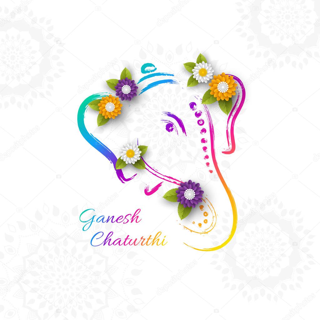 Holiday design for traditional Indian festival of Ganesh Chaturthi. Hand drawn illustration with paper cut style flowers. Grunge rangoli white background. Vector illustration.