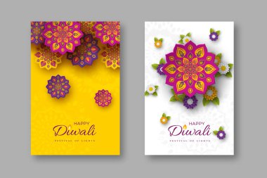 Diwali festivali tatil posterler kağıt ile Hint Rangoli ve çiçek tarzı kesti. Mor, mor renkleri beyaz ve sarı arka plan, vektör çizim üzerinde.