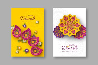 Diwali festivali tatil posterler kağıt ile Hint Rangoli ve çiçek tarzı kesti. Mor, mor renkleri beyaz ve sarı arka plan, vektör çizim üzerinde.