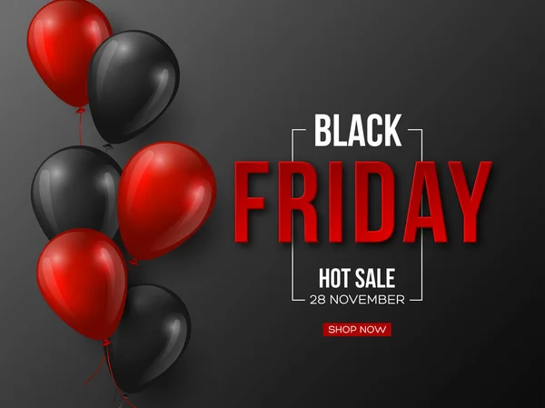 Siyah Cuma satış tipografik tasarım. parlak balonlar ile 3D stilize kırmızı renkli harfler. Siyah arka plan, vektör çizim.