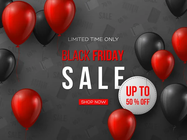 Siyah Cuma satışı büyük başlığı. 3D kırmızı ve siyah gerçekçi parlak balonlar metin ve indirim etiketi ile. Desen arka plan gri, illüstrasyon vektör.