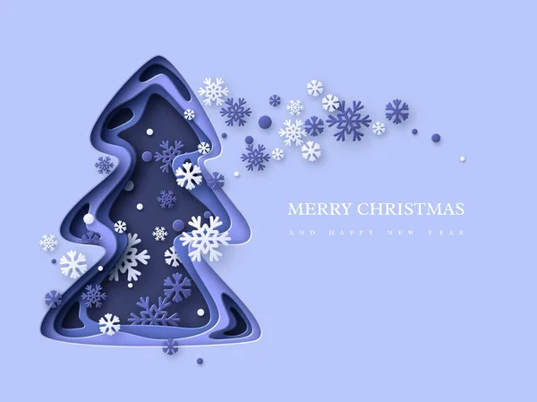Christmas holiday background. Paper cut Christmas tree with snowflakes. 3d layered effect in blue colors, vector illustration. — Stock Vector