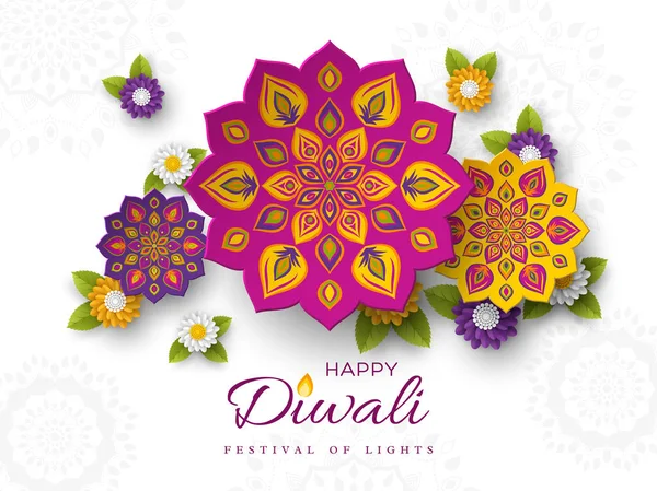 Diwali festivalen holiday design med papper skär stil av indiska Rangoli och blommor. Lila, lila, gula färger på vit bakgrund, vektorillustration. — Stock vektor