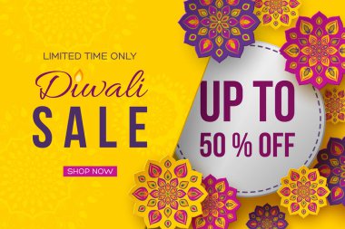 Satılık posteri veya başlığı ışıklar - Diwali festivali için. Kağıt Hint Rangoli tarzı kes. Sarı arka plan, vektör çizim.