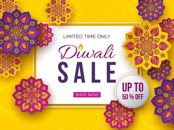 Πώληση αφίσας ή πανό για το Φεστιβάλ των φώτων - Diwali. Στυλ του Ινδικού Rangoli κοπής χαρτιού. Κίτρινο φόντο, εικονογράφηση διάνυσμα. — Διανυσματικό Αρχείο