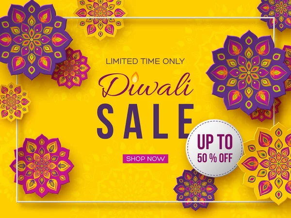 Πώληση αφίσας ή πανό για το Φεστιβάλ των φώτων - Diwali. Στυλ του Ινδικού Rangoli κοπής χαρτιού. Κίτρινο φόντο, εικονογράφηση διάνυσμα. — Διανυσματικό Αρχείο