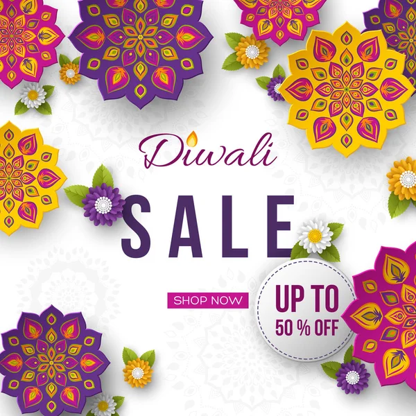 Sale poster or banner for festival of lights - Diwali. Paper cut style of Indian Rangoli. White background, vector illustration. — Stock Vector