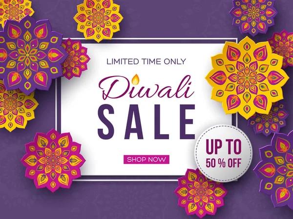 Πώληση αφίσας ή πανό για το Φεστιβάλ των φώτων - Diwali. Στυλ του Ινδικού Rangoli κοπής χαρτιού. Μοβ φόντο, εικονογράφηση διάνυσμα. — Διανυσματικό Αρχείο