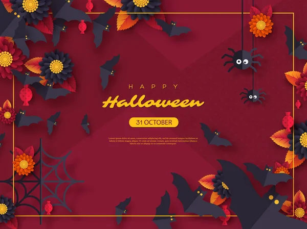 Fundo de férias de Halloween. Morcegos voadores de estilo corte de papel, doces, flores e aranhas. Fundo de cor roxa com texto de saudação, ilustração vetorial . — Vetor de Stock