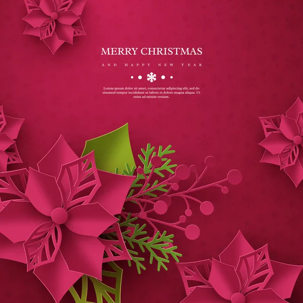 Рождественский баннер. 3d бумаги вырезать стиль poinsettia с листьями. Фиолетовый фон с текстом приветствия, векторная иллюстрация — стоковый вектор