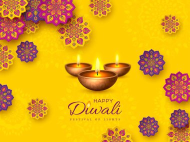 Kesme Diwali festivali tatil tasarım kağıt ile Hint Rangoli ve diya - kandil tarzı. Sarı arka plan, vektör çizim üzerinde mor renk.