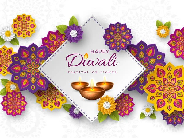 Diwali festivalen holiday design med papper skär stil av indiska Rangoli, blommor och diya - oljelampa. Vit färgbakgrund, vektorillustration. — Stock vektor