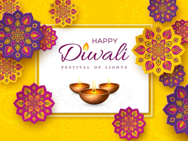 Diwali festivalen holiday design med papper skär stil av indiska Rangoli och diya - oljelampa. Lila färg på gul bakgrund, vektorillustration. — Stock vektor