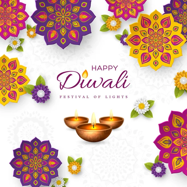 Projeto de férias de festival de Diwali com o estilo de redução de papel de Rangoli índio, flores e diya - lâmpada de óleo. Fundo de cor branca, ilustração vetorial . — Vetor de Stock