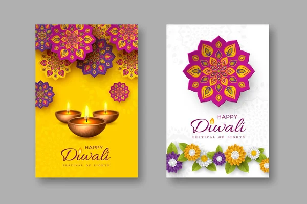 Affiches de vacances festival Diwali avec style de coupe de papier de Rangoli indien, fleurs et diya lampe à huile. Fond de couleur jaune et blanc, illustration vectorielle . — Image vectorielle