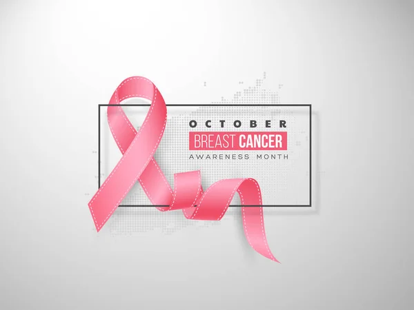 Breast cancer awareness month background. Realistic pink ribbon with frame, vector illustration — Stock Vector