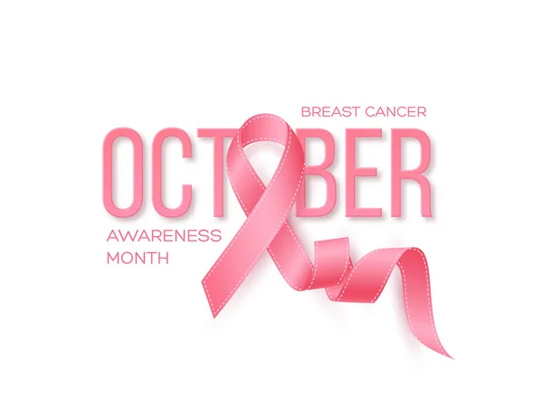 Breast Cancer Awareness Month Background Realistic Pink Ribbon Text Vector — Stock Vector