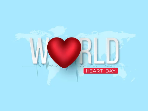 Concepto del Día Mundial del Corazón. 3d corazón rojo con letras blancas sobre fondo de mapa azul, ilustración vectorial . — Vector de stock