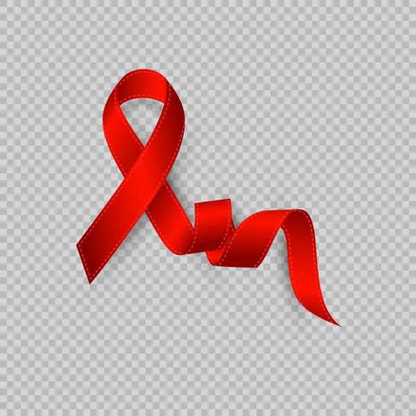 Realistic red ribbon. Symbol of world aid day. Isolated on transparent background, vector illustration — Stock Vector