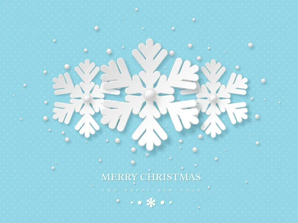 Рождественский дизайн с бумагой вырезать стиль снежинки. Синий пунктирный фон с текстом приветствия, векторными иллюстрациями . — стоковый вектор