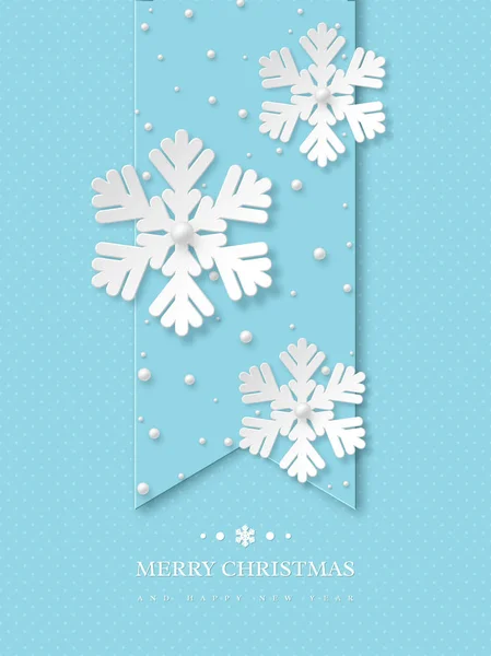 Christmas holiday design with paper cut style snowflakes and pearls. Blue dotted background with greeting text, vector illustration. — Stock Vector