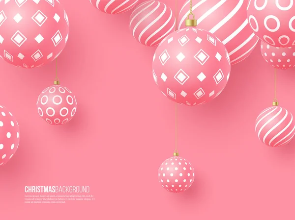 Boules roses de Noël avec motif géométrique. Style réaliste 3d, fond de vacances abstrait, illustration vectorielle . — Image vectorielle