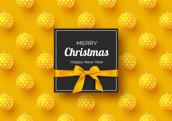 Christmas holiday banner. Realistic 3d balls with geometric pattern and label with silk bow. Yellow New Year background, vector illustration. — Stock Vector