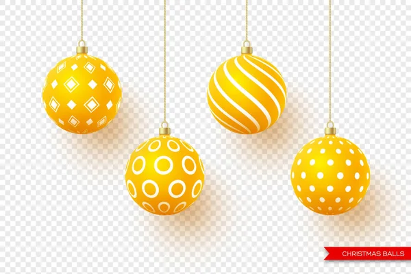 3d bolas amarelas de Natal com padrão geométrico. Elementos decorativos para férias design de ano novo. Isolado em fundo transparente, ilustração vetorial . — Vetor de Stock