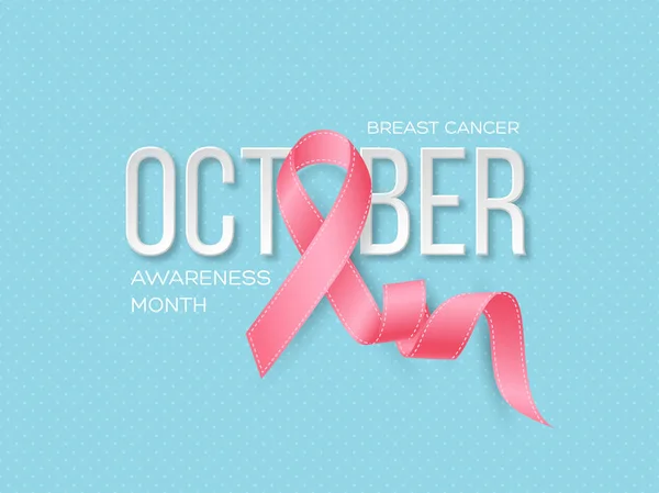 Breast cancer awareness month background. Realistic pink ribbon with 3d text. Blue dotted background, vector illustration. — Stock Vector