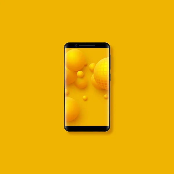 Realistische Handy Mit Gelben Farbkugeln Gelber Hintergrund Vektorillustration — Stockvektor