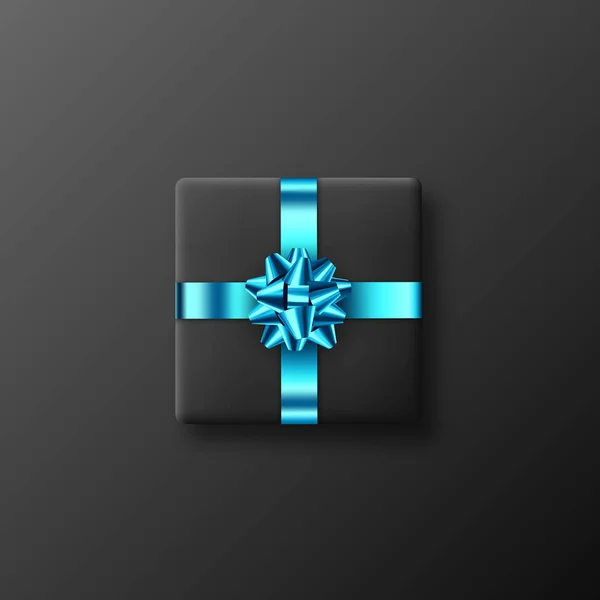 Caja de regalo negra con lazo azul brillante y cinta — Vector de stock