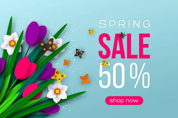 Bannière de vente de printemps avec fleurs coupées en papier . — Image vectorielle
