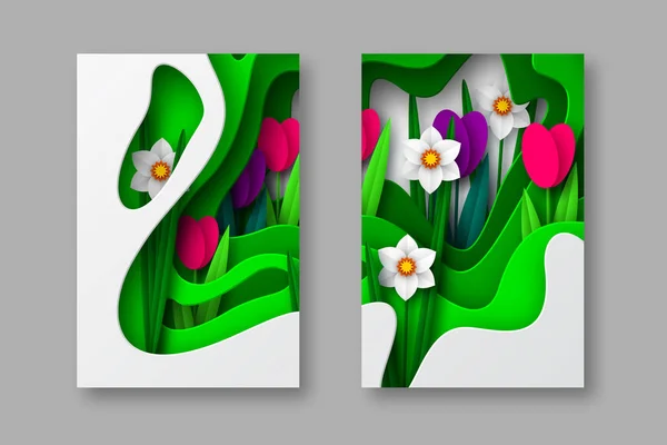 Wiosennych kwiatów banery, papieru wyciąć rzeźba sztuka. — Wektor stockowy