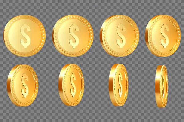 Conjunto de moedas de dólar metálico dourado realistas 3d — Vetor de Stock