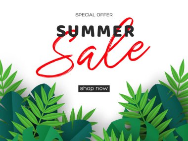 Tropikal palmiye yaprakları ile yaz satış Banner.