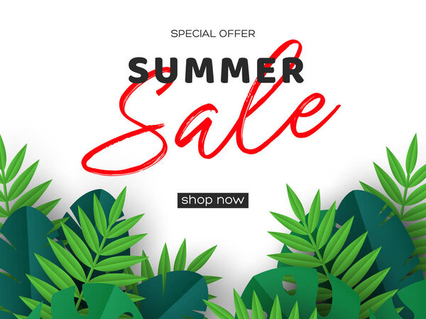 Знамя летней продажи с тропическими пальмовыми листьями
.