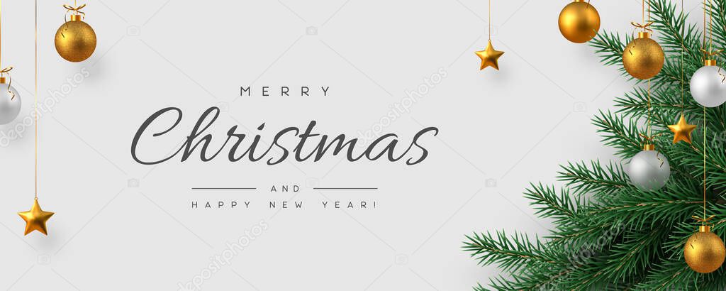 Christmas horizontal banner with realistic golden and white hanging baubles, metal stars and pine branches. White background. New Year vector illustration.