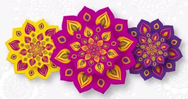 Diwali Işık Festivali için Hint Rangoli dönüşümlü. Beyaz arka planda parlak mor renk. Kusursuz 4K döngü video canlandırması.